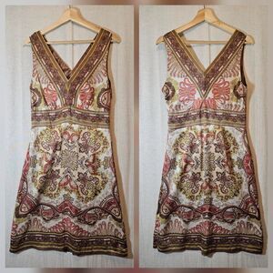 Nicole Miller Womens Size 8 Silk Dress Brown Melon Lime Paisley Double V Bright